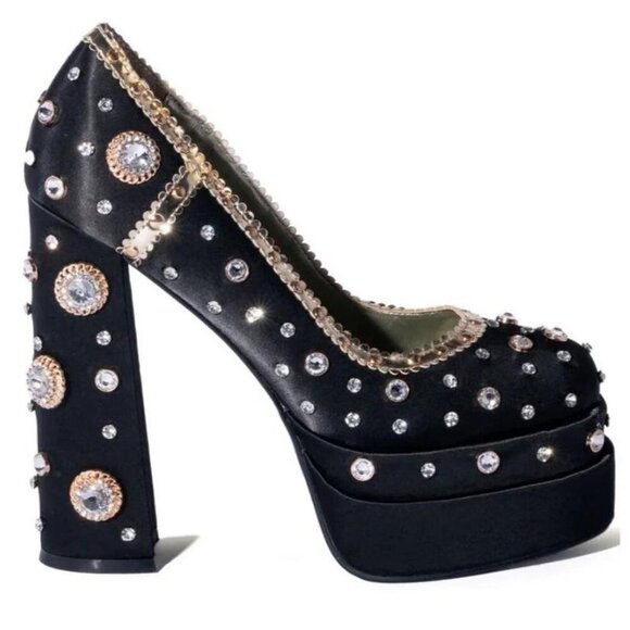 AZALEA WANG " ENTITLED ENTITIES  " GEM SATIN PUMP IN BLACK  (BRAND NEW!) - Picture 1 of 3